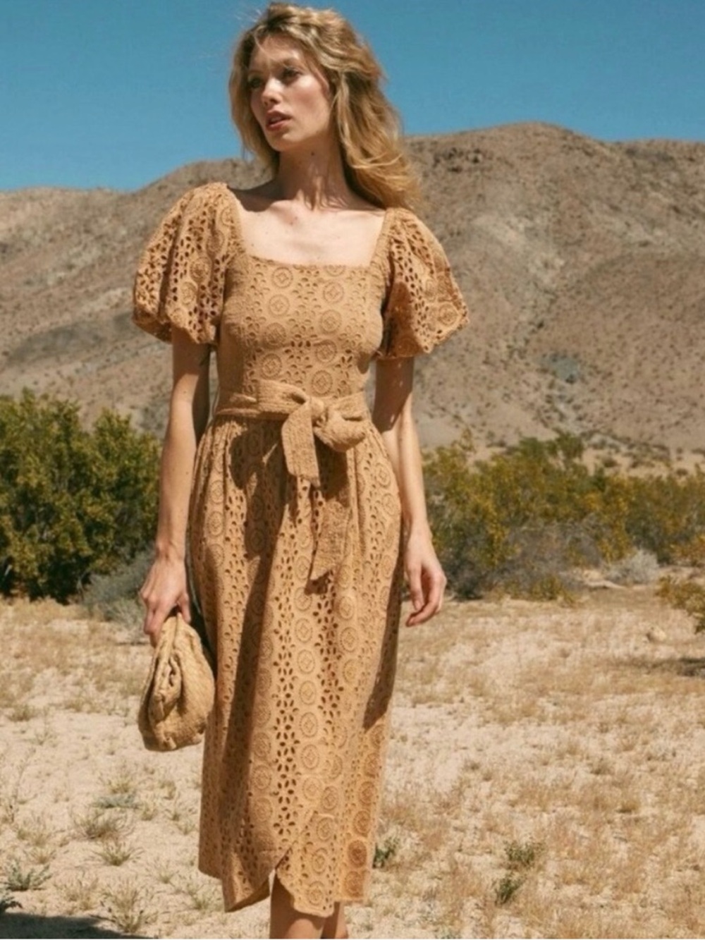 Cleobella Tan Eyelet Midi Dress with Puff Sleeves - Size S